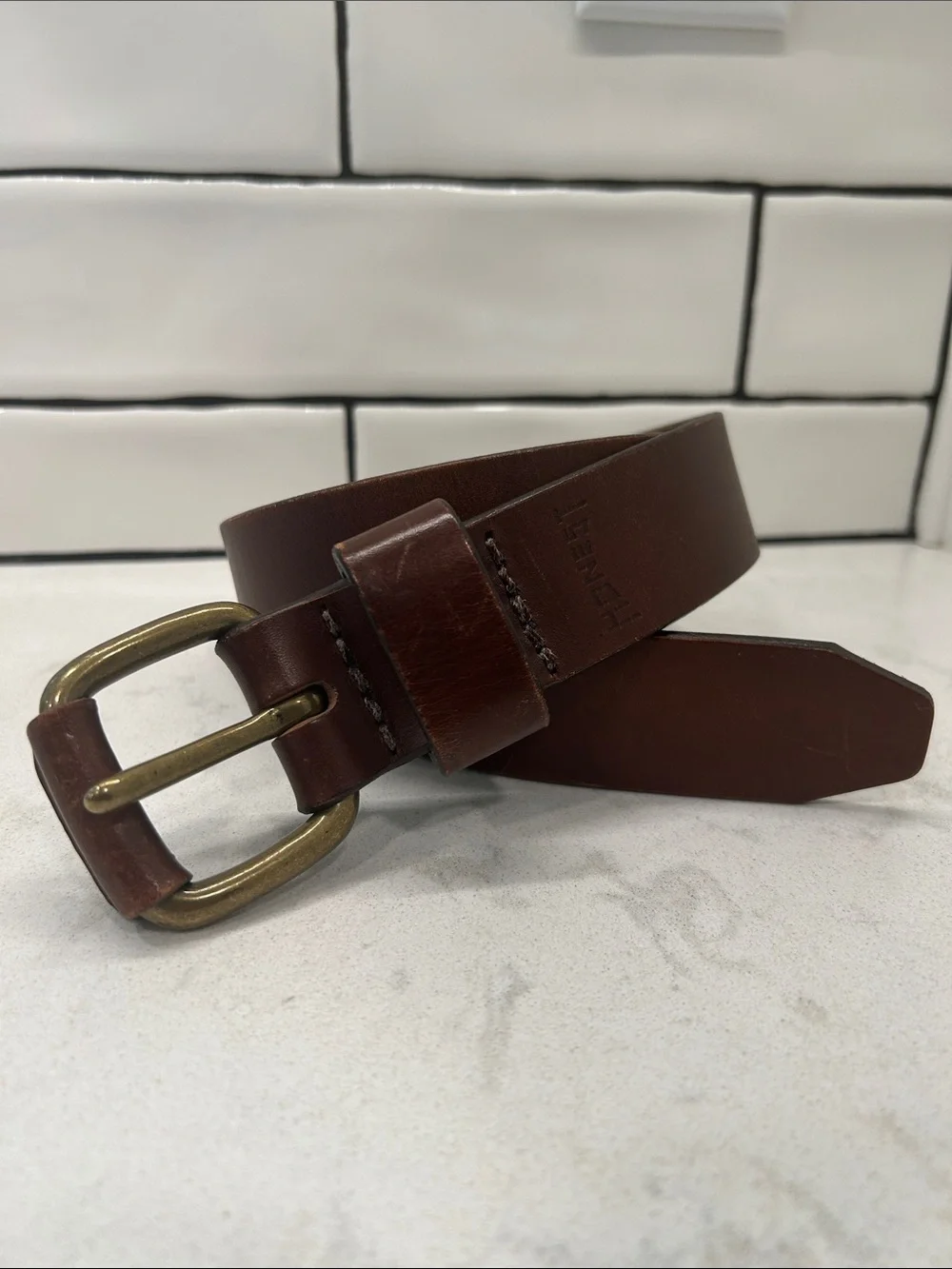 Honest Classic Brown Leather Belt with Brass‎ Buckle - Men Size 30